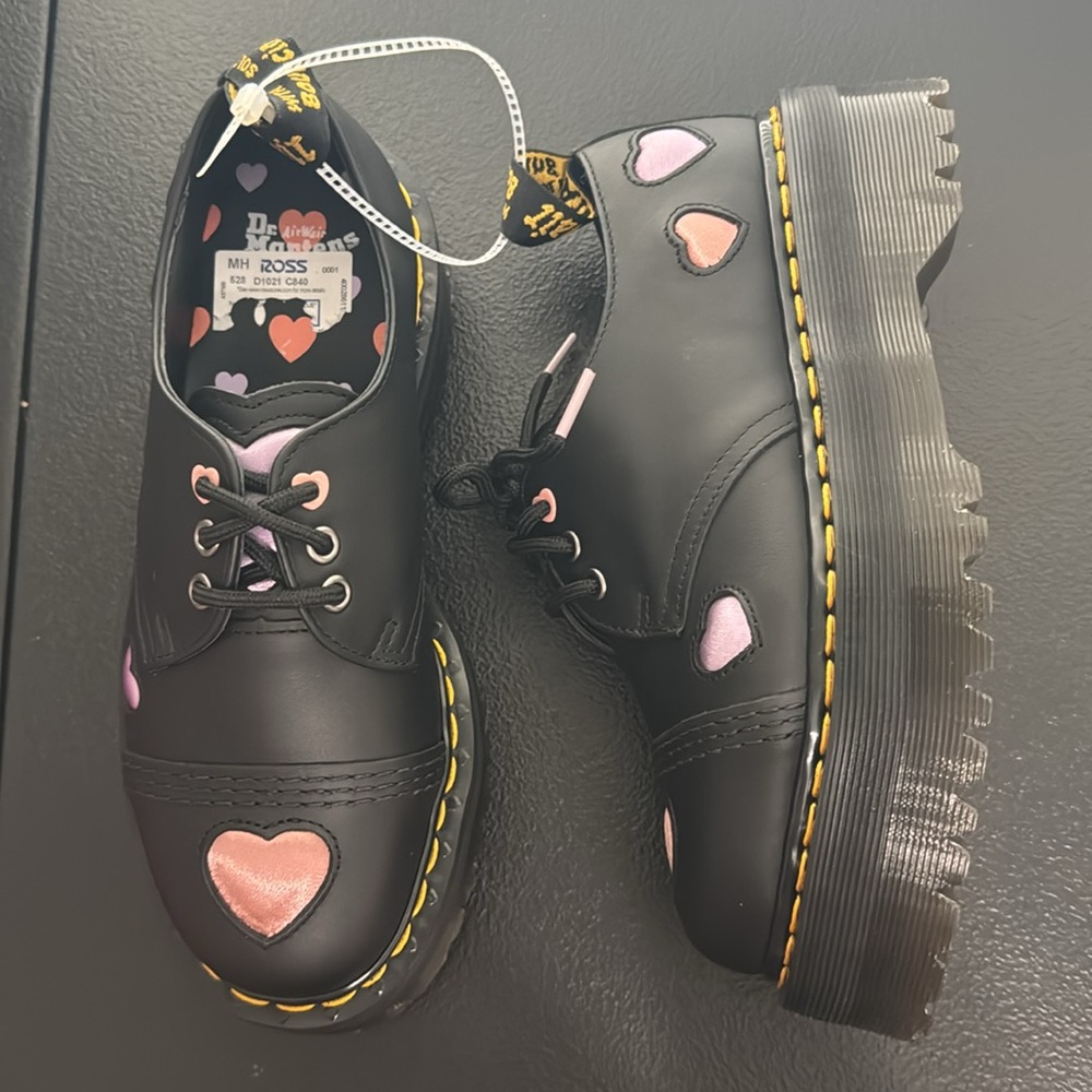 Dr. Martens Black Platform Oxfords with Pink Heart Accents - Picture 11 of 16